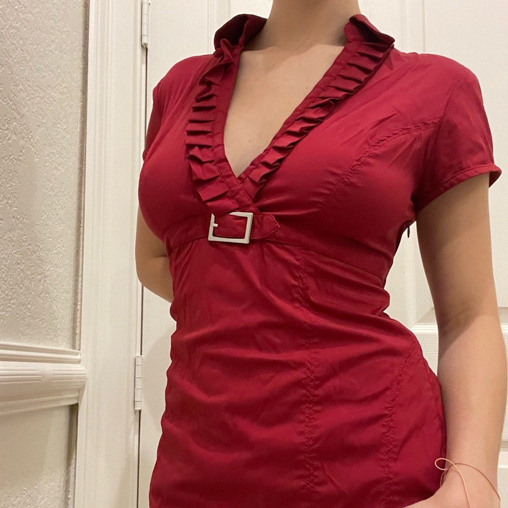 Express Design Studio Red V-Neck Collared Top